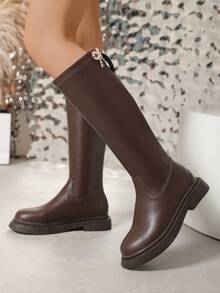 Faux Pearl & Bow Decor Zip Back Combat Boots - Chocolate Brown - View 1