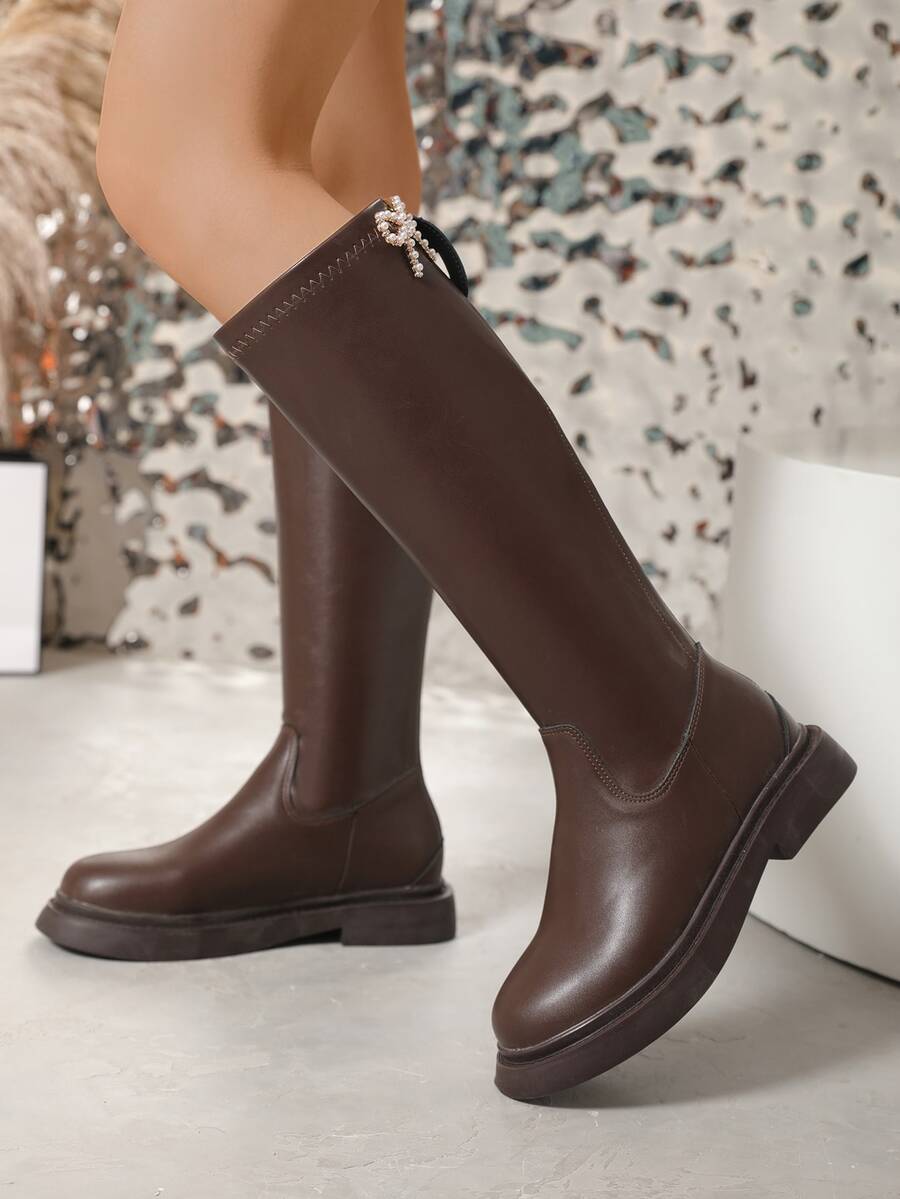 Faux Pearl & Bow Decor Zip Back Combat Boots - Chocolate Brown - View 1