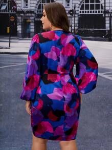 SHEIN Clasi Plus Allover Print Lantern Sleeve Ruched Wrap Hem Dress - Multicolor - View 2