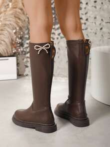 Faux Pearl & Bow Decor Zip Back Combat Boots - Chocolate Brown - View 5