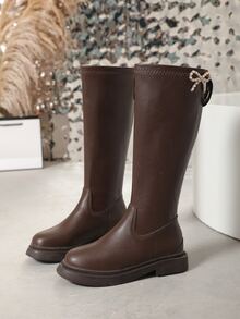 Faux Pearl & Bow Decor Zip Back Combat Boots - Chocolate Brown - View 7