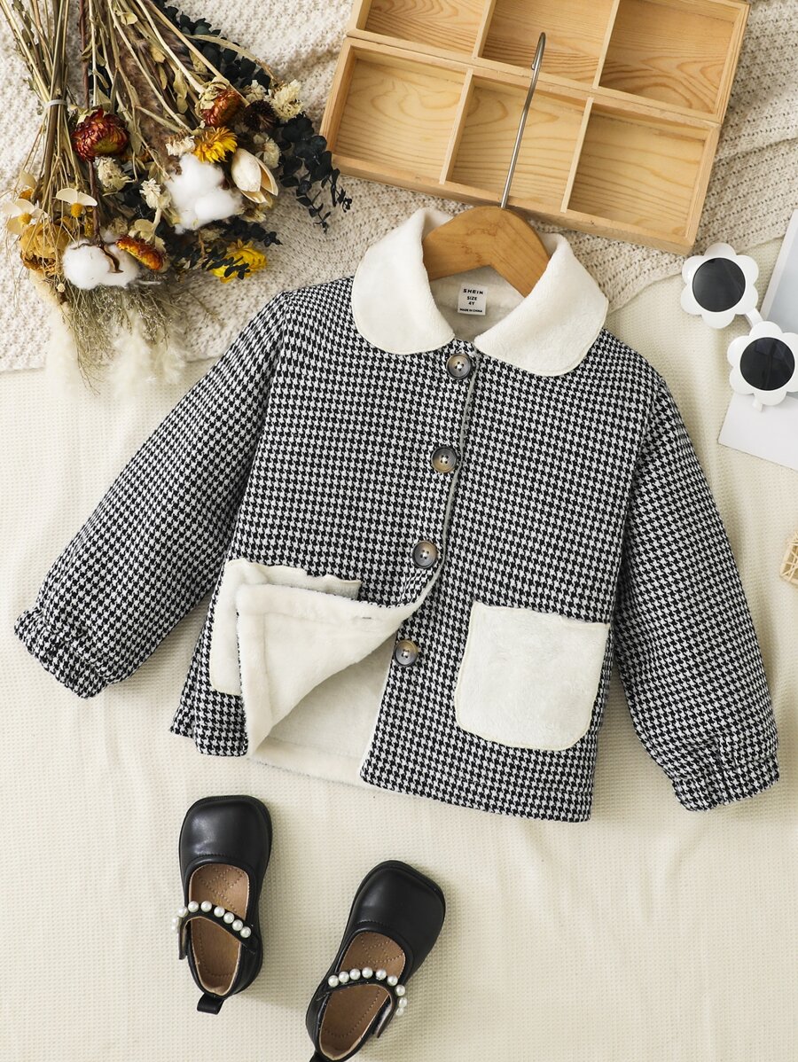 Toddler Girls Houndstooth Print Pocket Patched Overcoat - Black and White - View 1