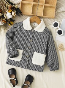 Toddler Girls Houndstooth Print Pocket Patched Overcoat - Black and White - View 3