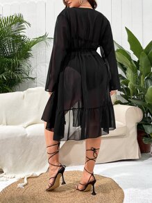 Kimono con cinta en contraste con cordón delantero bajo con fruncido - Negro - Ver 2