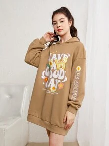 SHEIN 青少年女孩標語和印花落肩袖保暖連帽衫洋裝