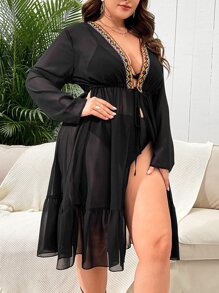 Kimono con cinta en contraste con cordón delantero bajo con fruncido - Negro - Ver 4