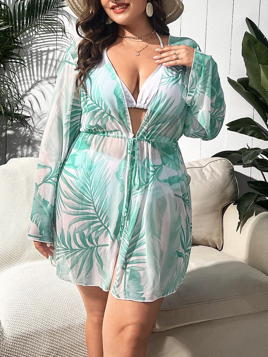 大碼熱帶圖案腰部抽繩和服罩衫 - 彩色 - 查看 1