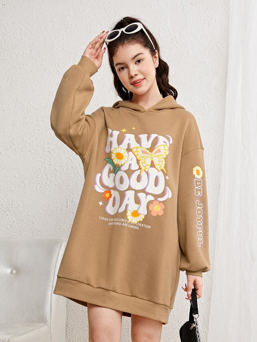 SHEIN 青少年女孩標語和印花落肩袖保暖連帽衫洋裝