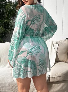 大碼熱帶圖案腰部抽繩和服罩衫 - 彩色 - 查看 2