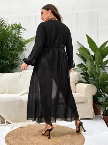 SHEIN Swim Curve 大码系带和服，适合夏季海滩度假 - 黑色 - 查看 2