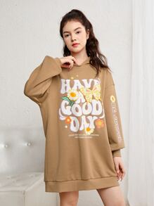 SHEIN 青少年女孩標語和印花落肩袖保暖連帽衫洋裝