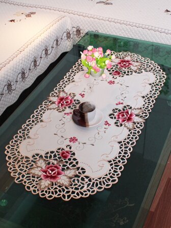 1pc Rose Tablecloth, Nordic Style, Luxury, Beige Polyester Fabric, Elliptical Shape, Full Workmanship, Red Embroidery And Hollow Out, Suitable For Coffee Table, Dining Table, Wedding