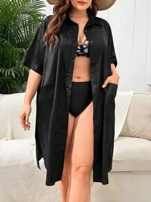Plus Size Pocket Patched Split Hem Kimono, For Summer Beach Vacation - Black - View 1