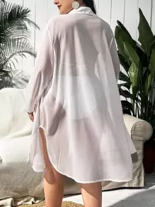 Swim Lushoire Plus Size Split Hem Button Front Sheer Kimono Summer - White - View 2