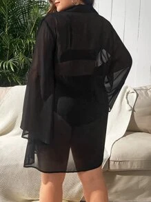 Swim Lushoire Kimono de manga acampanada con cordón en la cintura, talla grande, para verano - Negro - Ver 2