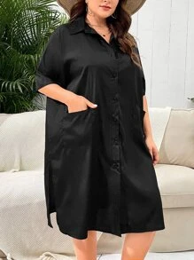 Plus Size Pocket Patched Split Hem Kimono, For Summer Beach Vacation - Black - View 3