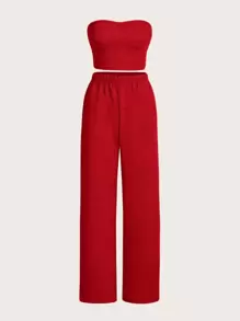 SHEIN EZwear Crop Tube Top & Wide Leg Trousers Set - Red - View 2