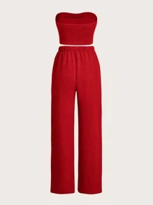 SHEIN EZwear Crop Tube Top & Wide Leg Trousers Set - Red - View 3