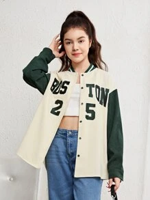 SHEIN Teen Girls Letter Graphic Colorblock Drop Shoulder Two Tone Baseball Collar Shirt - Beige - View 1