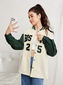 SHEIN Teen Girls Letter Graphic Colorblock Drop Shoulder Two Tone Baseball Collar Shirt - Beige - View 4