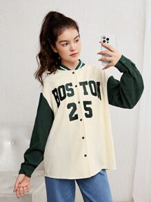 SHEIN Teen Girls Letter Graphic Colorblock Drop Shoulder Two Tone Baseball Collar Shirt - Beige - View 5