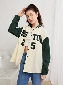 SHEIN Teen Girls Letter Graphic Colorblock Drop Shoulder Two Tone Baseball Collar Shirt - Beige - View 6