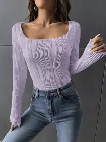 SHEIN Privé 大圓領條紋針織T恤 - 紫丁香色 - 查看 1