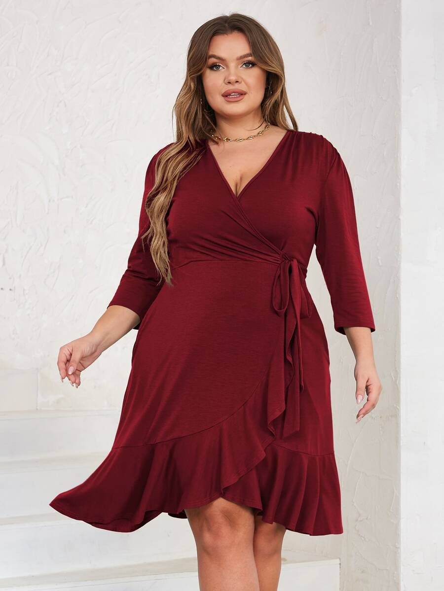 Vestido ribete con fruncido cruzado con nudo lateral - Burdeos - Ver 1
