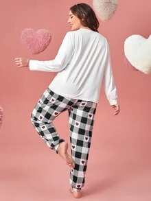 Plus Letter Graphic Tee & Buffalo Plaid Print Trousers PJ Set - Black and White - View 2