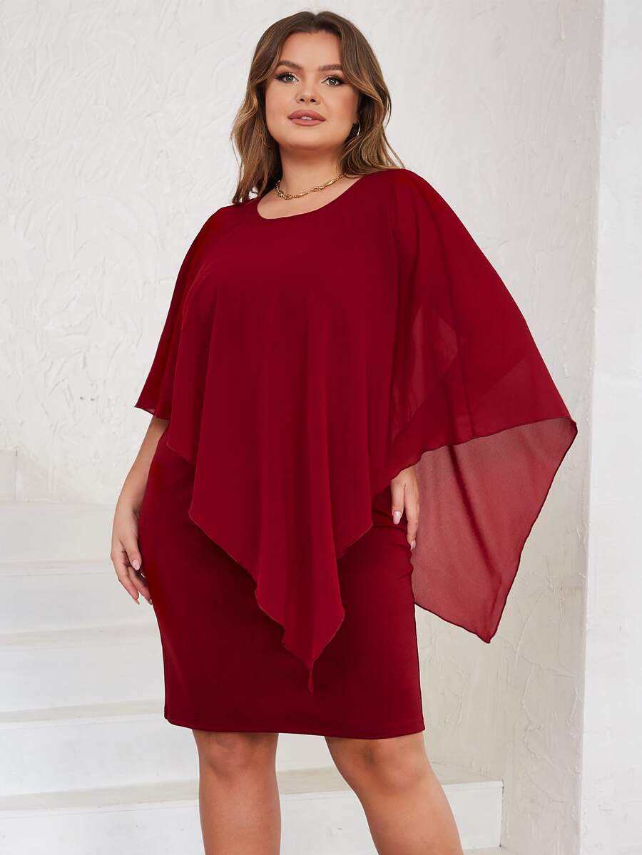 大碼素色斗篷袖連衣裙 - 酒紅色 - 查看 1