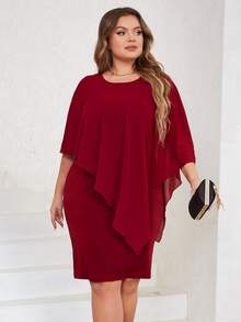 大碼素色斗篷袖連衣裙 - 酒紅色 - 查看 5