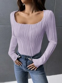 SHEIN Privé 大圓領條紋針織T恤 - 紫丁香色 - 查看 3