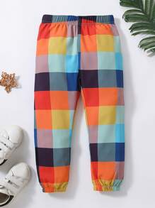 SHEIN 夏季小男孩撞色格紋度假風酷繫踝褲