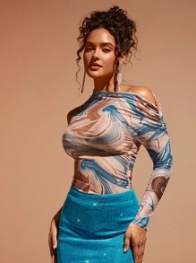 SHEIN BAE Marble Print Asymmetrical Neck Ruched Detail Top - Multicolor - View 1