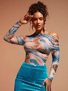 SHEIN BAE Marble Print Asymmetrical Neck Ruched Detail Top - Multicolor - View 3