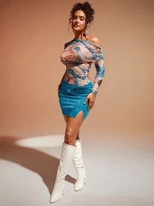 SHEIN BAE Marble Print Asymmetrical Neck Ruched Detail Top - Multicolor - View 4