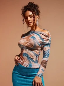 SHEIN BAE Marble Print Asymmetrical Neck Ruched Detail Top - Multicolor - View 6