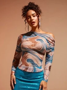 SHEIN BAE Marble Print Asymmetrical Neck Ruched Detail Top - Multicolor - View 7