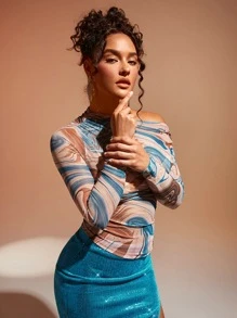 SHEIN BAE Marble Print Asymmetrical Neck Ruched Detail Top - Multicolor - View 8