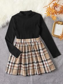 SHEIN Unity Camiseta de cuello alto & Falda de tartán - Multicolor - Ver 1