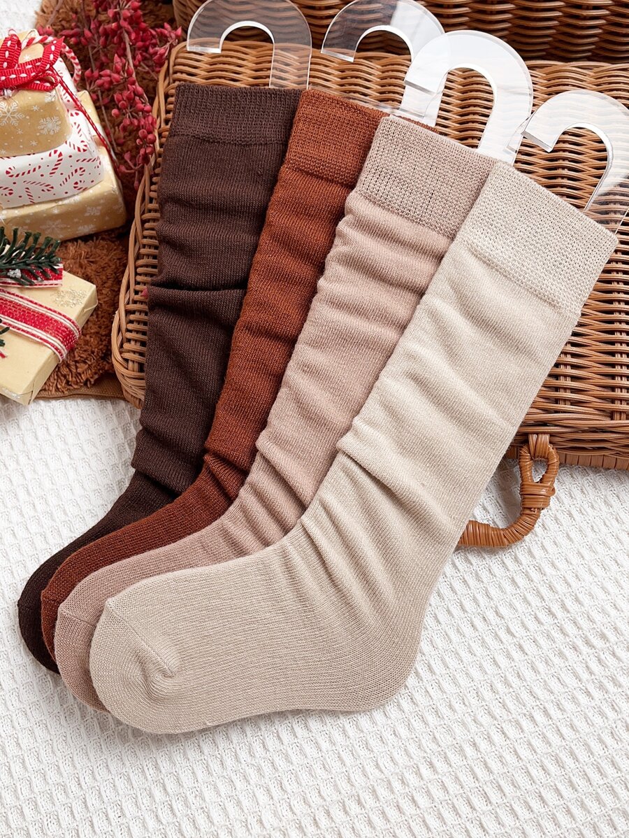 4pairs Christmas Toddler Girls Solid Over The Calf Socks - Multicolor - View 1
