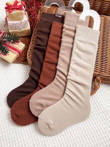 4pairs Christmas Toddler Girls Solid Over The Calf Socks - Multicolor - View 11