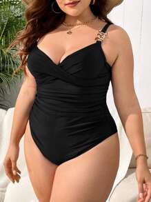 Plus Size Chain Detail Ruched One Piece Swimsuit Summer - Black - View 3