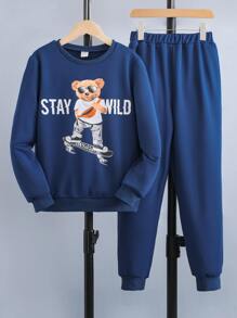 Chicos Pantalones deportivos con pullover con estampado de oso y slogan - Azul - Ver 1