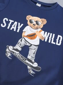 Chicos Pantalones deportivos con pullover con estampado de oso y slogan - Azul - Ver 6