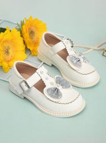 女孩蝴蝶結和人造珍珠裝飾瑪麗珍平底鞋
