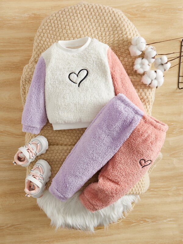 SHEIN Baby Girl Heart Embroidery Two Tone Teddy Sweatshirt & Pants