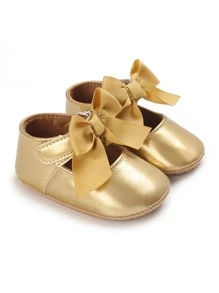 Baby Metallic Bow Decor Ankle Strap Flats - Gold - View 1
