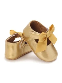 Baby Metallic Bow Decor Ankle Strap Flats - Gold - View 3