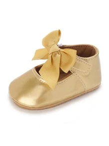 Baby Metallic Bow Decor Ankle Strap Flats - Gold - View 4